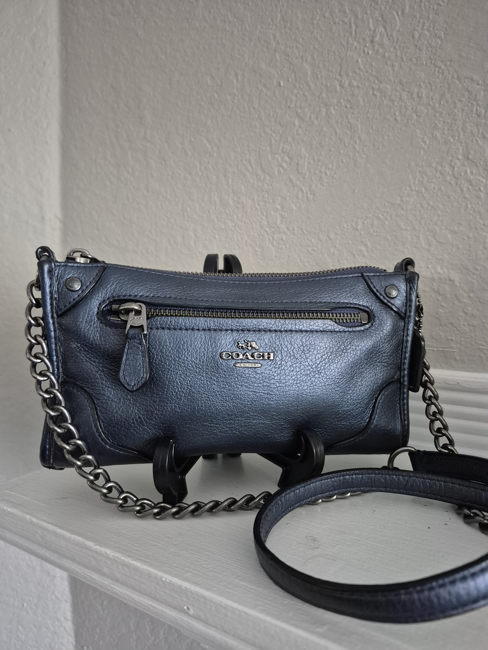 COACH Small Leather Crossbody Bag in Navy